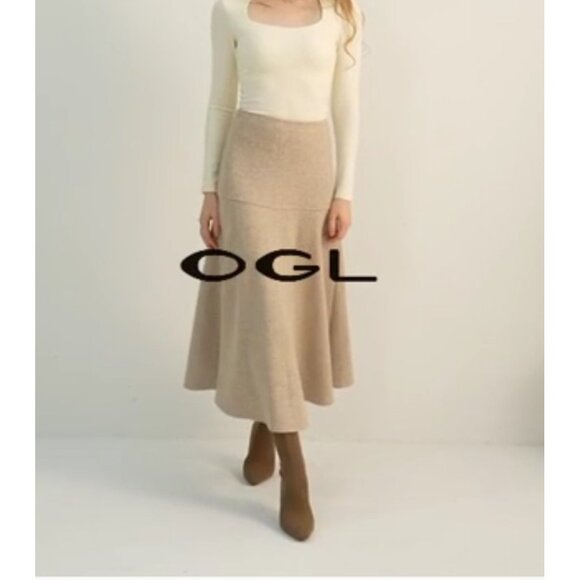 OGL Cashsoft Wool Like Flared Maxi Skirt Sz Medium Oatmeal Beige Womens - Picture 16 of 16